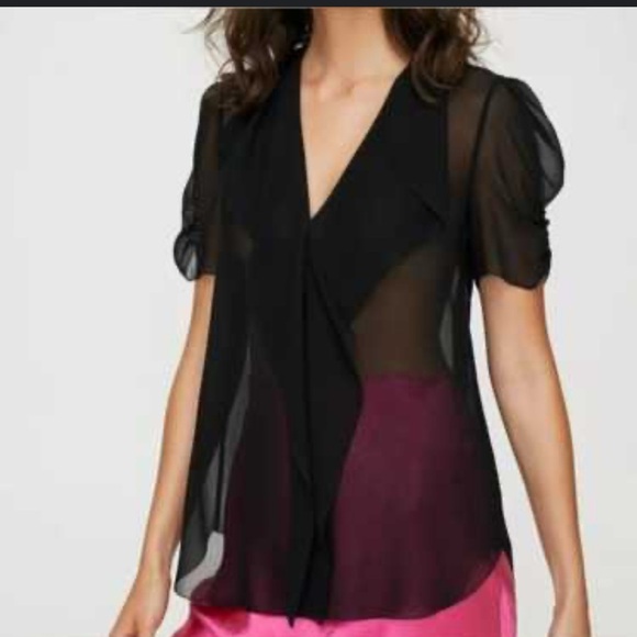 Babaton Silk  Black Sheer Short Sleeve Top - Picture 1 of 7